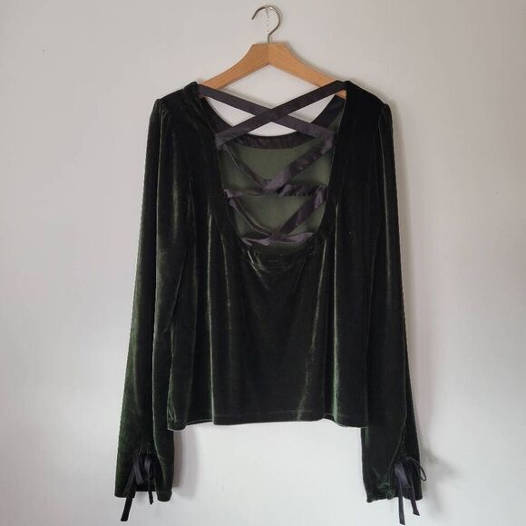 Anthropologie Crushed Velvet Ribbon-Tie Back Top XL • Dark Forest Green Long Sle - Picture 6 of 7